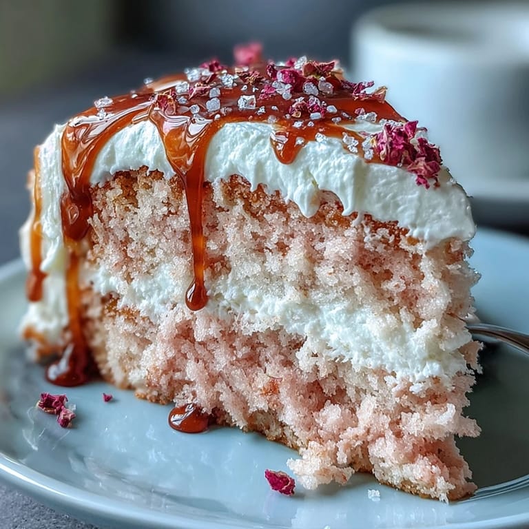 Elegant bridal shower dessert featuring a pink velvet rosé cake with rich cream cheese frosting and shimmering gold drip decoration.