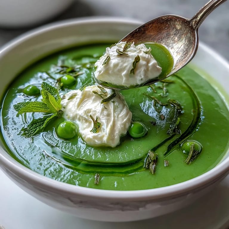 Spring pea soup showing fluffy whipped ricotta and bright mint oil finish.