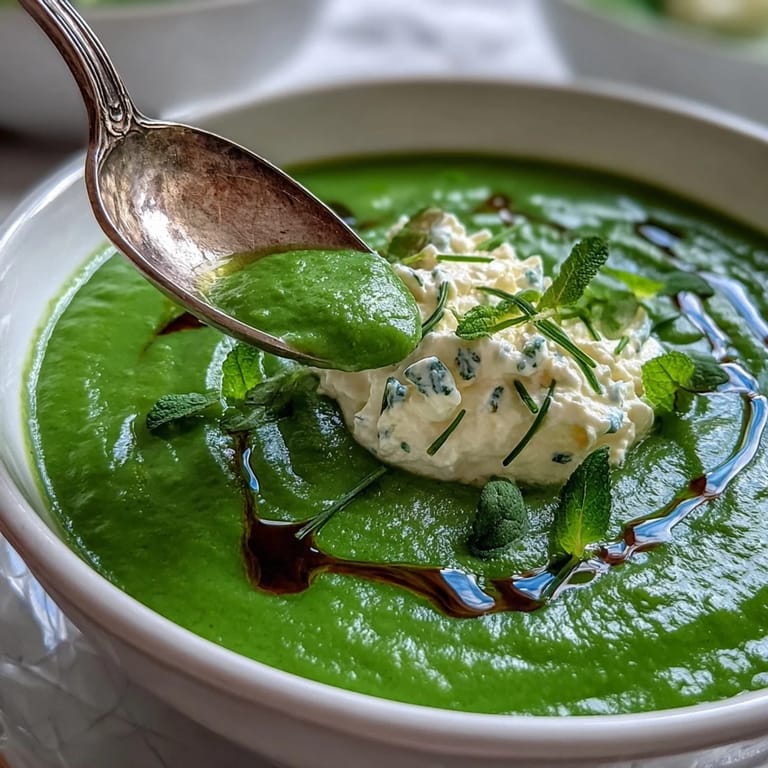 Eye-level shot of warm spring pea soup with dollop of whipped ricotta.