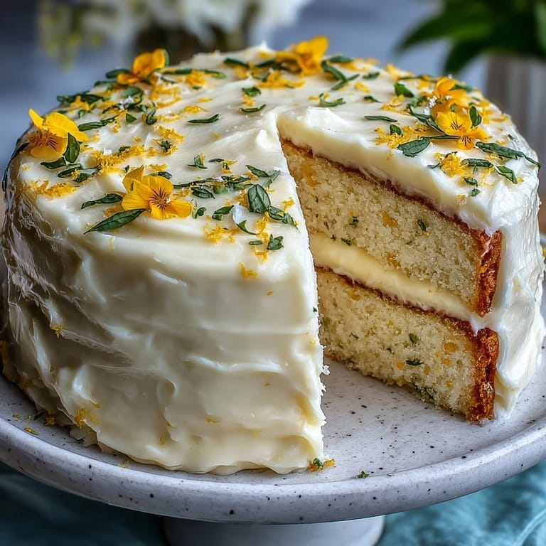 A beautiful, spring-like Lemon Sunshine Cake, ready for guest enjoyment.