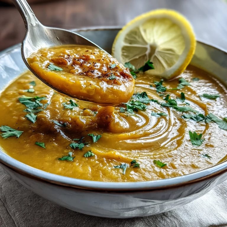 Hearty red lentil soup infused with turmeric, cumin, and lemon, served steaming hot with crusty bread.  