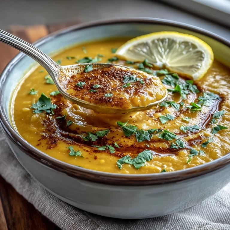 Creamy Turmeric Lemon Lentil Soup garnished with parsley and lemon wedges for a bright, nourishing meal.