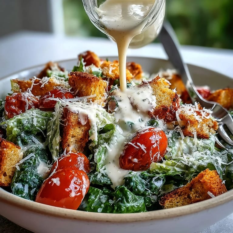 Bright, tangy tahini Caesar dressing drizzled over crisp romaine lettuce, juicy cherry tomatoes, and golden croutons for a fresh salad.