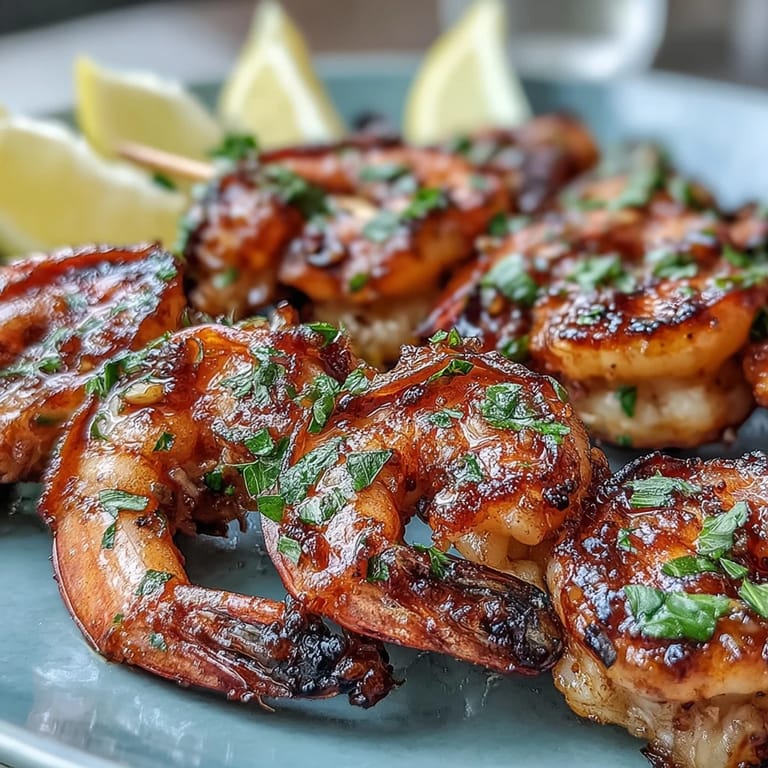 Appetizing honey garlic shrimp skewers, char-kissed and bursting with sweet, savory flavor.