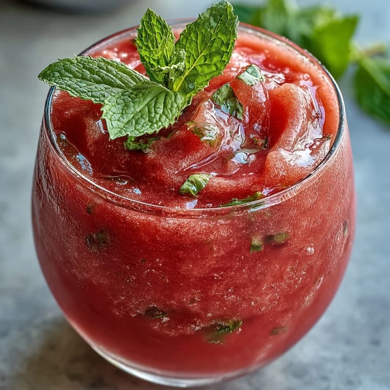 Refreshing Watermelon Mint Frosé served cold with a bright mint garnish.