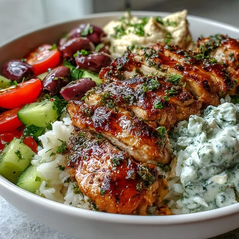 Flavorful Greek chicken bowls; a healthy, vibrant meal with hummus and cucumber.