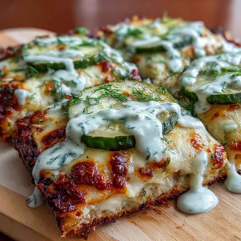 Enjoy a slice of pickle pizza flatbread, a delicious lunch with creamy ranch.