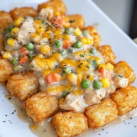 Golden, crispy tater tots crown a savory chicken pot pie brimming with vegetables and chicken.
