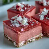 Freshly sliced No-Bake Strawberry Fudge Squares show a creamy pink layer on a crunchy graham cracker crust. 