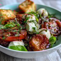 Fresh Caprese Salad Bowl with ripe tomatoes, creamy mozzarella, and fragrant basil drizzled in balsamic.