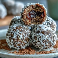 A close-up of hojicha energy balls rolled in shredded coconut, highlighting their rich roasted tea flavor and nutty texture.  