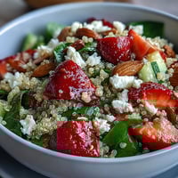 Fresh strawberry and feta quinoa salad with spinach, almonds, and balsamic dressing in a colorful bowl.  