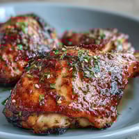 Honey garlic baked chicken thighs with a golden glaze, served with steamed rice and fresh parsley garnish.  