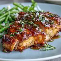 Honey mustard chicken with green beans in a skillet, golden chicken glazed with tangy honey-mustard sauce and crisp-tender green beans.  