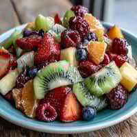 Rainbow fruit table with coconut whipped cream: a vibrant spread of fresh strawberries, pineapple, kiwi, and berries with a bowl of fluffy, dairy-free topping.