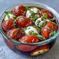 Freshly layered mason jar Caprese salad with ripe cherry tomatoes, creamy mozzarella, and fragrant basil, drizzled with balsamic dressing.