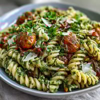 A colorful bowl of summer pasta salad with pesto and cherry tomatoes, garnished with parmesan and lemon zest.