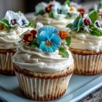 Delicate vanilla cupcakes with creamy buttercream frosting, adorned with vibrant edible flowers for a spring-inspired dessert.