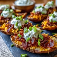 Crispy loaded sweet potato skins with smoky bacon, melted cheddar, and a dollop of sour cream.