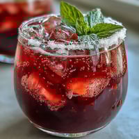 Sparkling Hibiscus Mint Lemonade Mocktail: A vibrant, ruby-red drink with mint garnish.