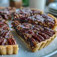 Rich chocolate bourbon pecan tart with flaky crust perfect for dessert.