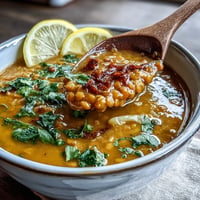 Turmeric Lemon Lentil Soup with vibrant golden hue and fresh herbs in a rustic bowl.  